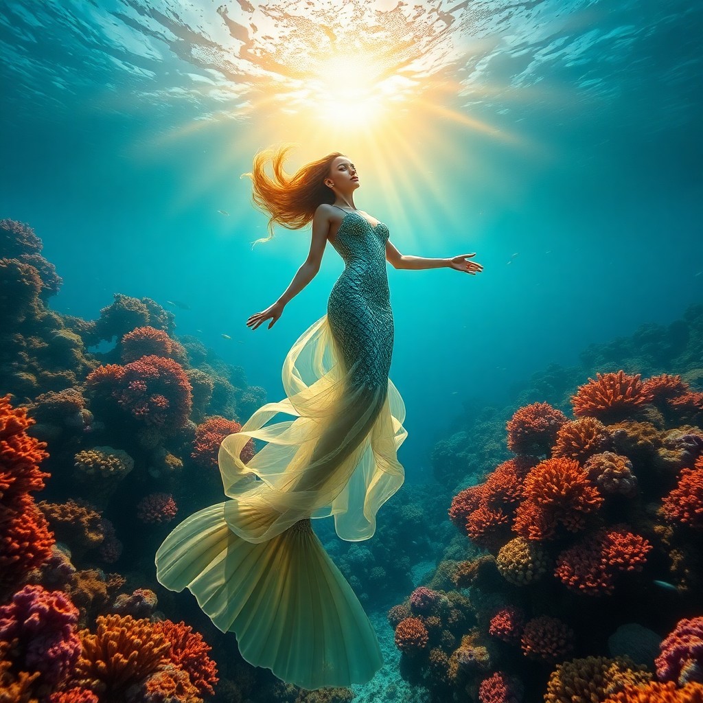 AI generated art for prompt: Imagine an enchanting underwater scene reminiscent of a James Cameron film, where a mystical mermaid