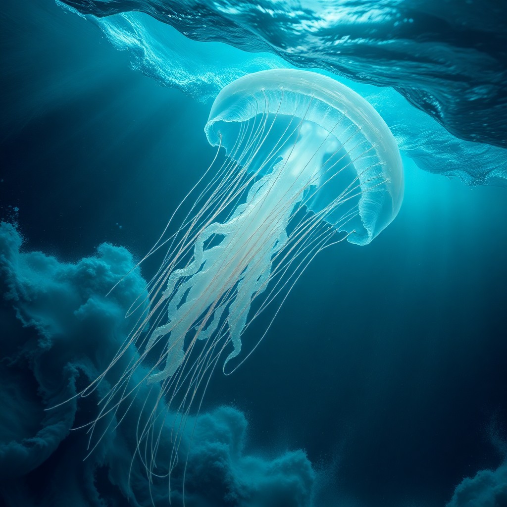 AI generated art for prompt: Craft an image reminiscent of Hokusai's famed wave, portraying an immense, bioluminescent jellyfish 