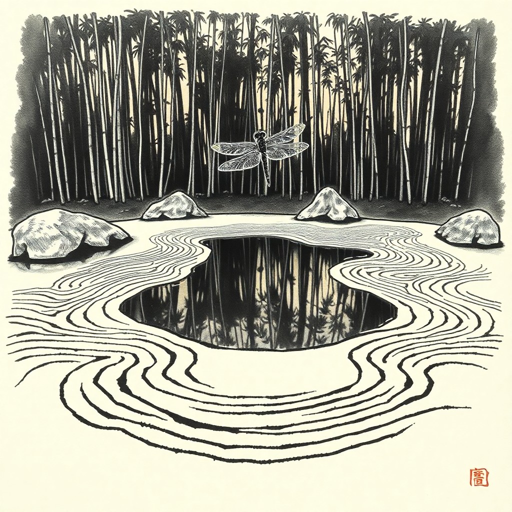 AI generated art for prompt: Create an image of a tranquil Zen garden in the tradition of Japanese ink painting, characterized by