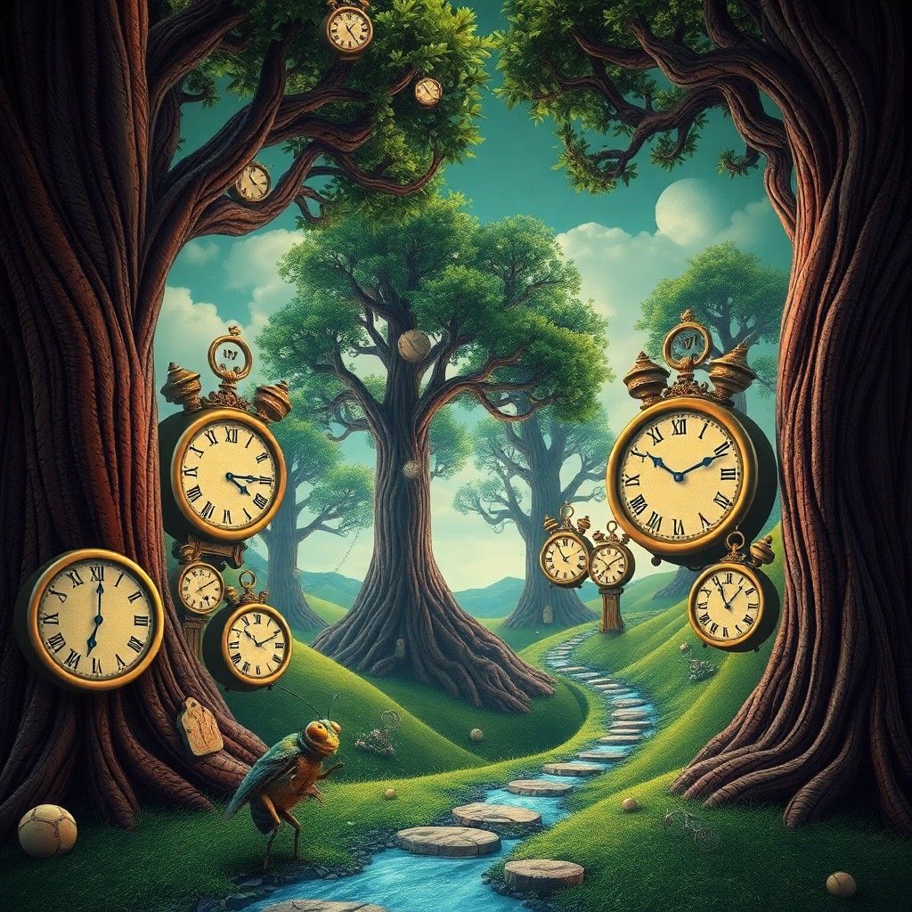 AI generated art for prompt: Craft an image embodying Dali-esque surrealism, portraying a fantastical clock landscape from the pe