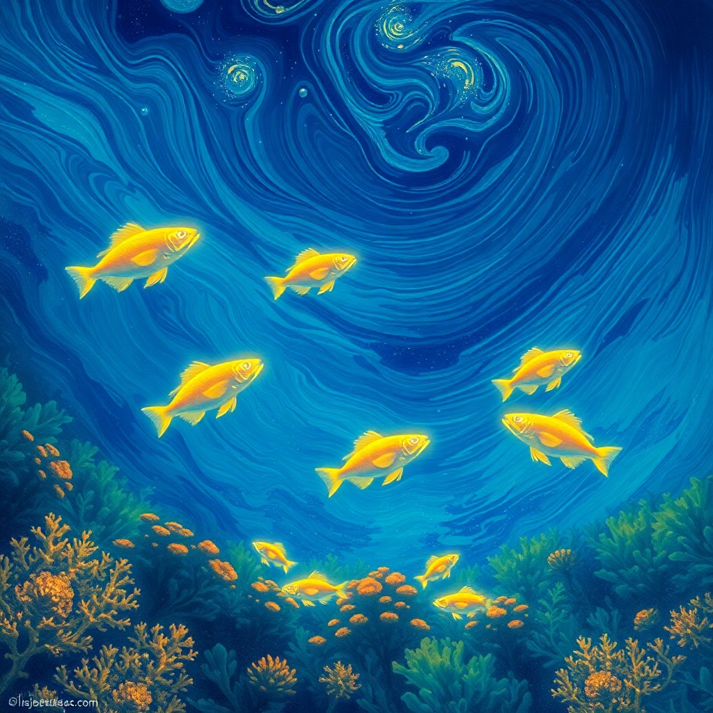 AI generated art for prompt: A tranquil underwater vista, reminiscent of Van Gogh's dreamlike landscapes, unfolds in this captiva