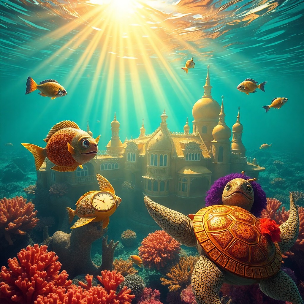 AI generated art for prompt: Imagine an enchanting underwater realm where dreamlike imagery intertwines with the vibrant hues of 