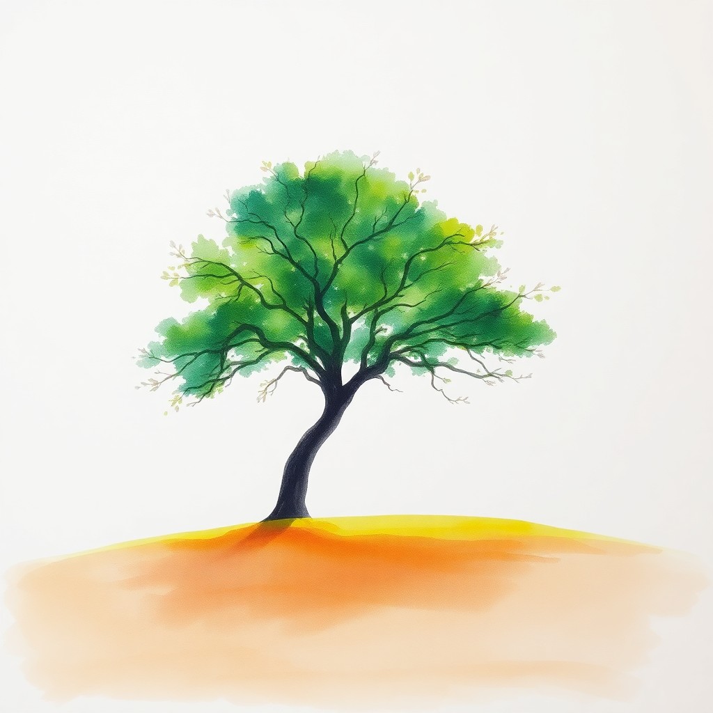 AI generated art for prompt: Craft an impressionistic watercolor scene depicting a solitary grand tree with luminous green foliag