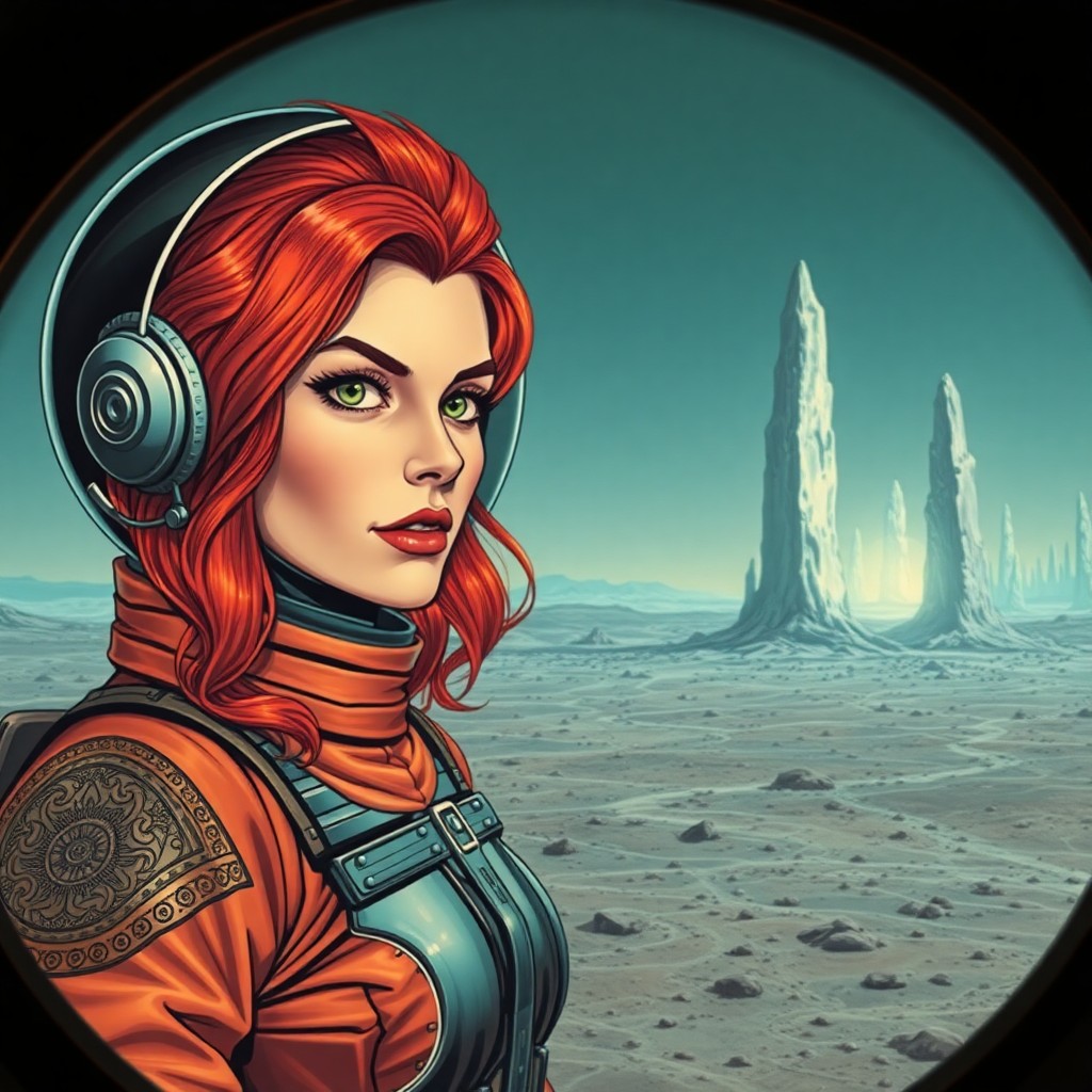 AI generated art for prompt: A vintage science fiction comic book illustration captures an awe-inspiring scene of a female astron