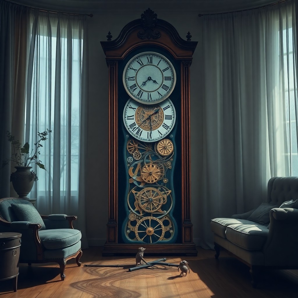 AI generated art for prompt: Imagine a surreal living room setting where an antique grandfather clock dominates the space, its cl