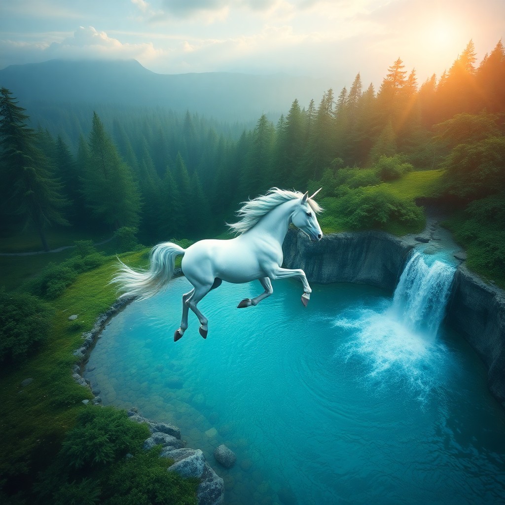 AI generated art for prompt: A mesmerizing digital art composition depicting a regal unicorn galloping through an enchanted fores