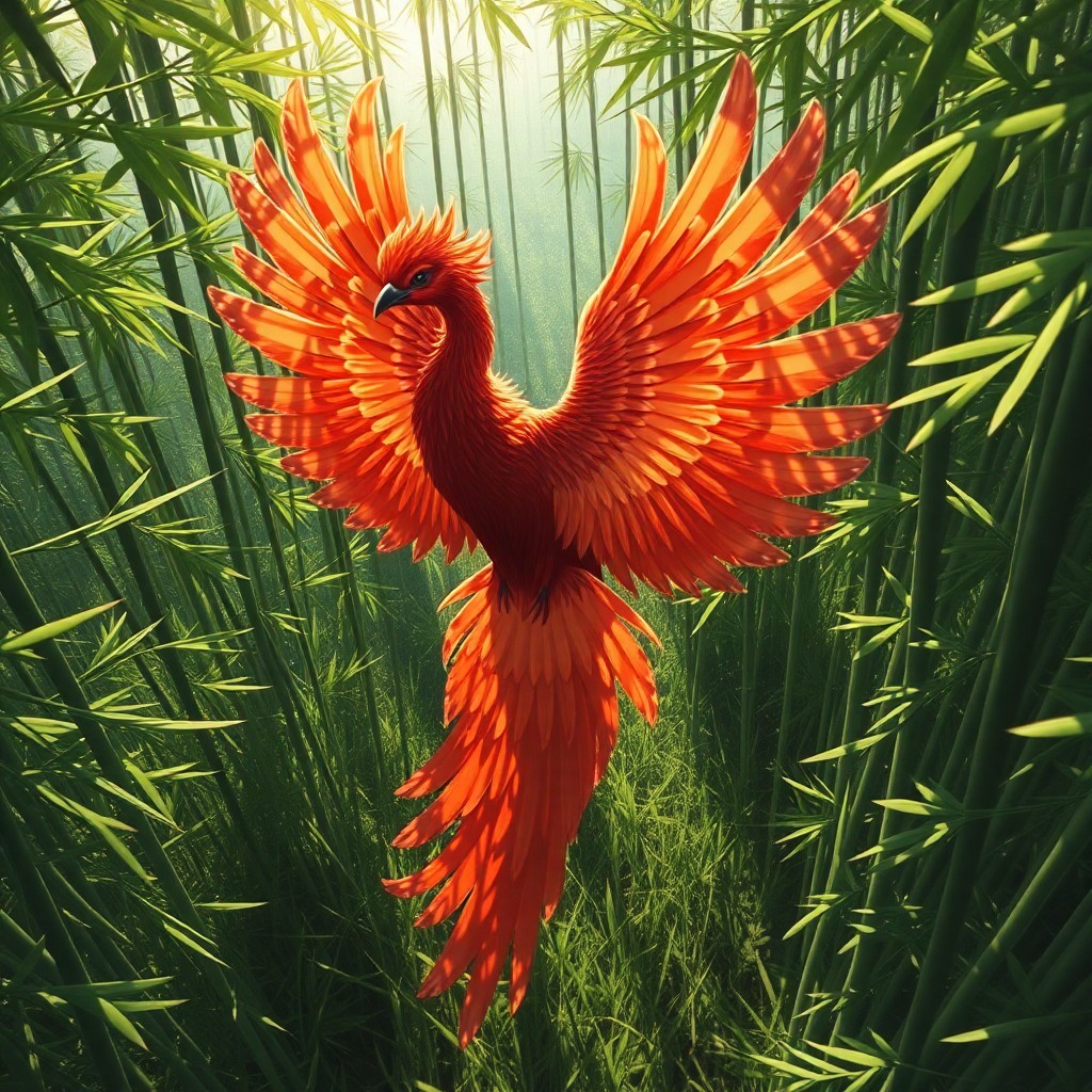 AI generated art for prompt: Imagine an enchanting scene where a majestic phoenix stands amidst a serene bamboo forest, its vibra