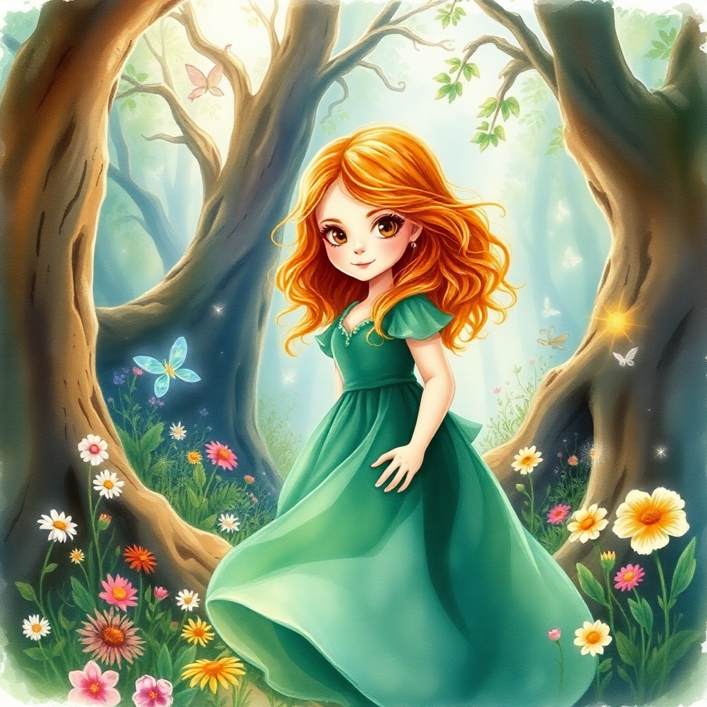 AI generated art for prompt: Imagine an enchanting watercolor scene depicting a young girl with sun-kissed hair and fair skin, dr