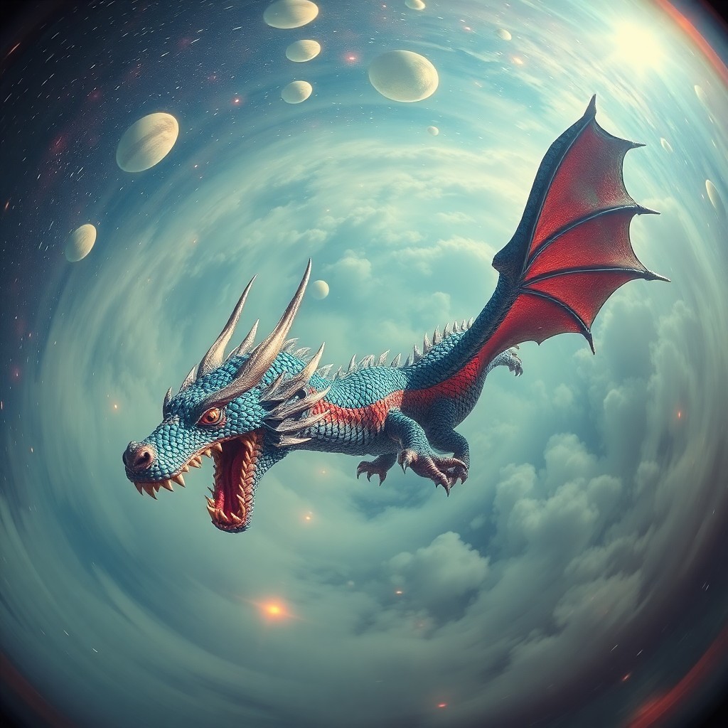 AI generated art for prompt: In the style of an otherworldly journey, visualize a magnificent dragon traversing a nebulous expans