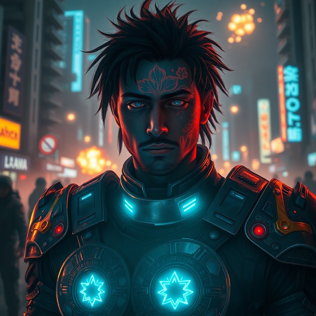 AI generated art for prompt: An enigmatic portrait of a cyberpunk warrior with a vivid floral tattoo adorning his face, rendered 