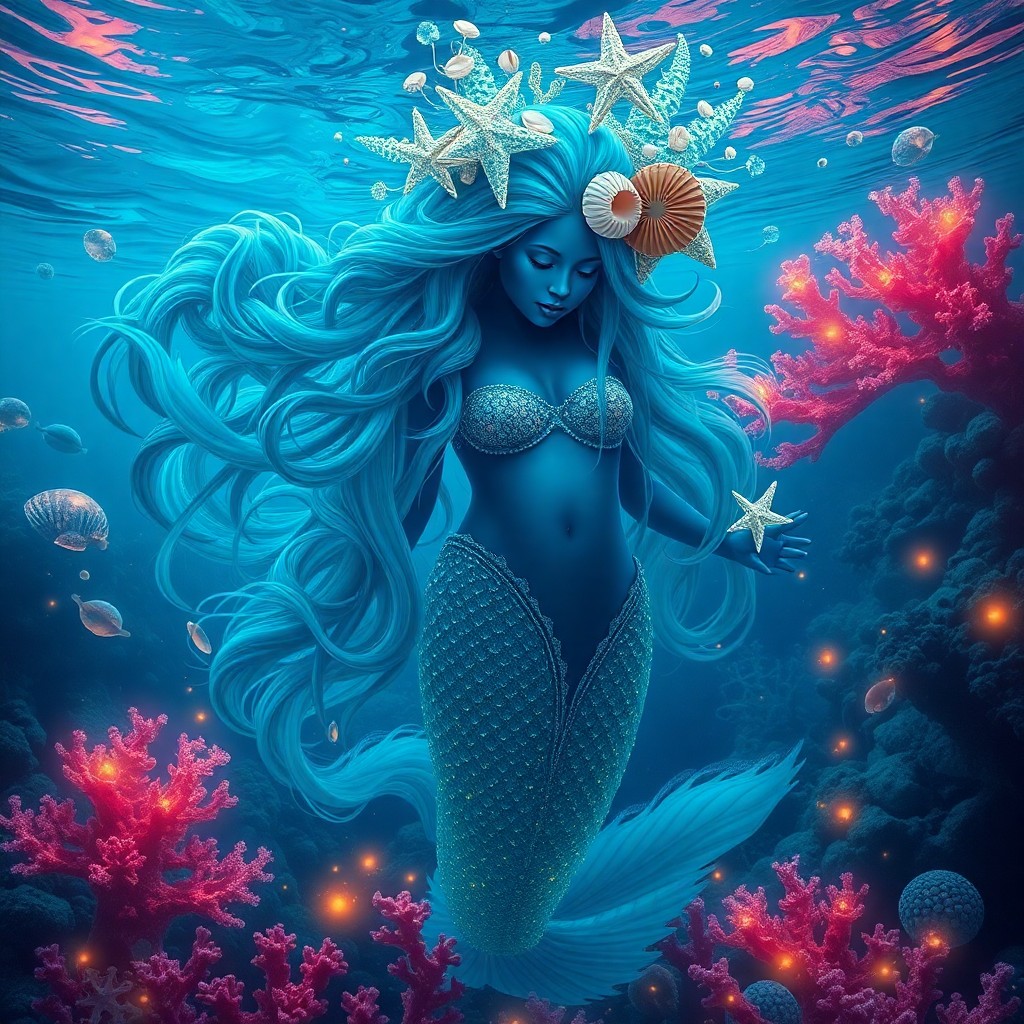 AI generated art for prompt: A surreal digital art composition showcasing an enigmatic underwater scene where a majestic mermaid 