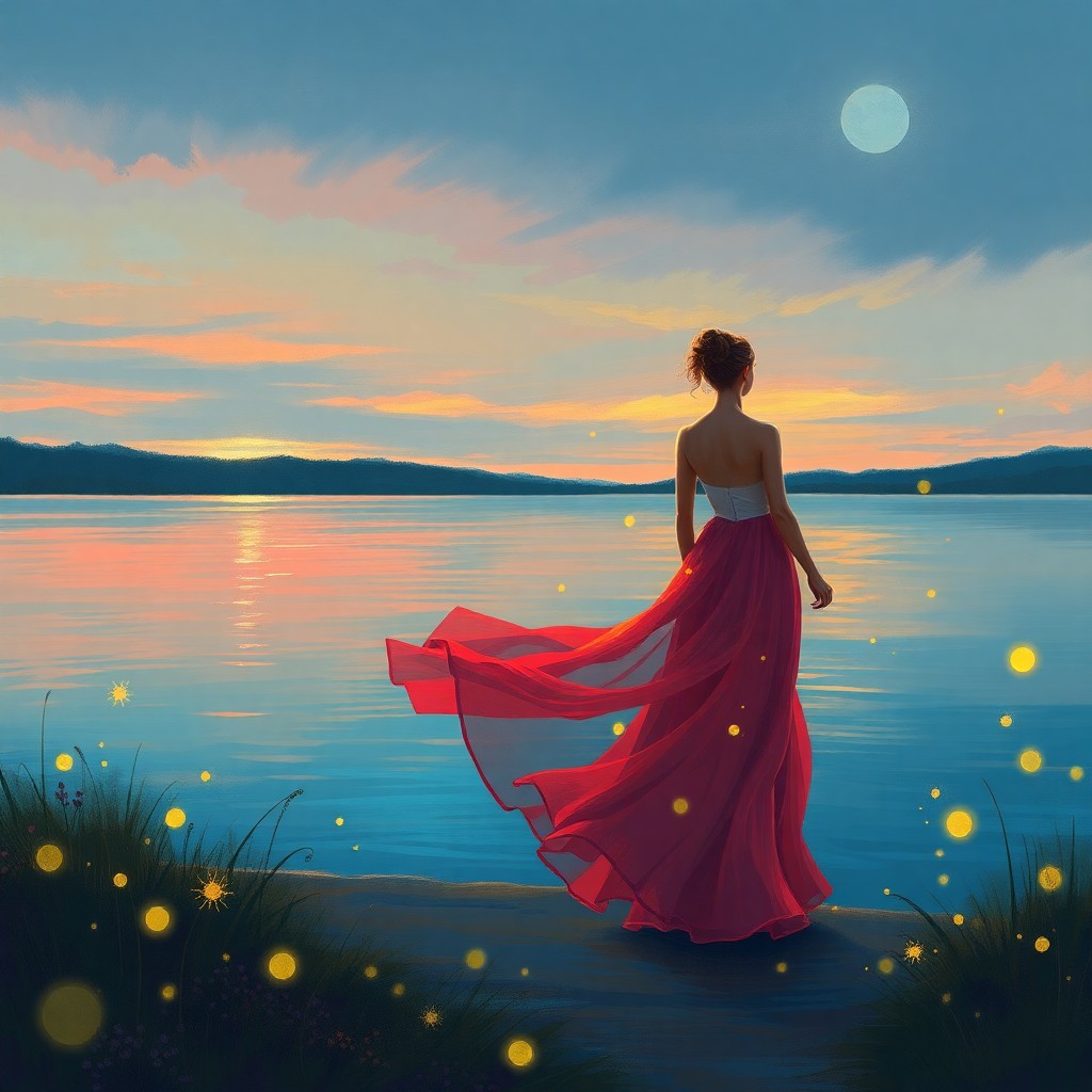 AI generated art for prompt: Imagine an enchanting impressionist-inspired scene depicting a tranquil lakeside setting at twilight