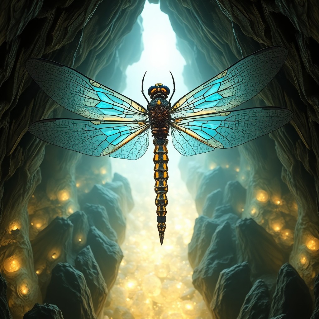 AI generated art for prompt: Craft an image depicting a colossal dragonfly with an exoskeleton woven from intricate gears and cir