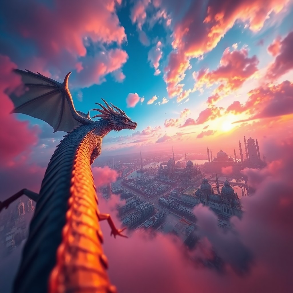 AI generated art for prompt: Craft an imaginative scene resembling a surreal dreamscape, depicting a regal dragon gliding through