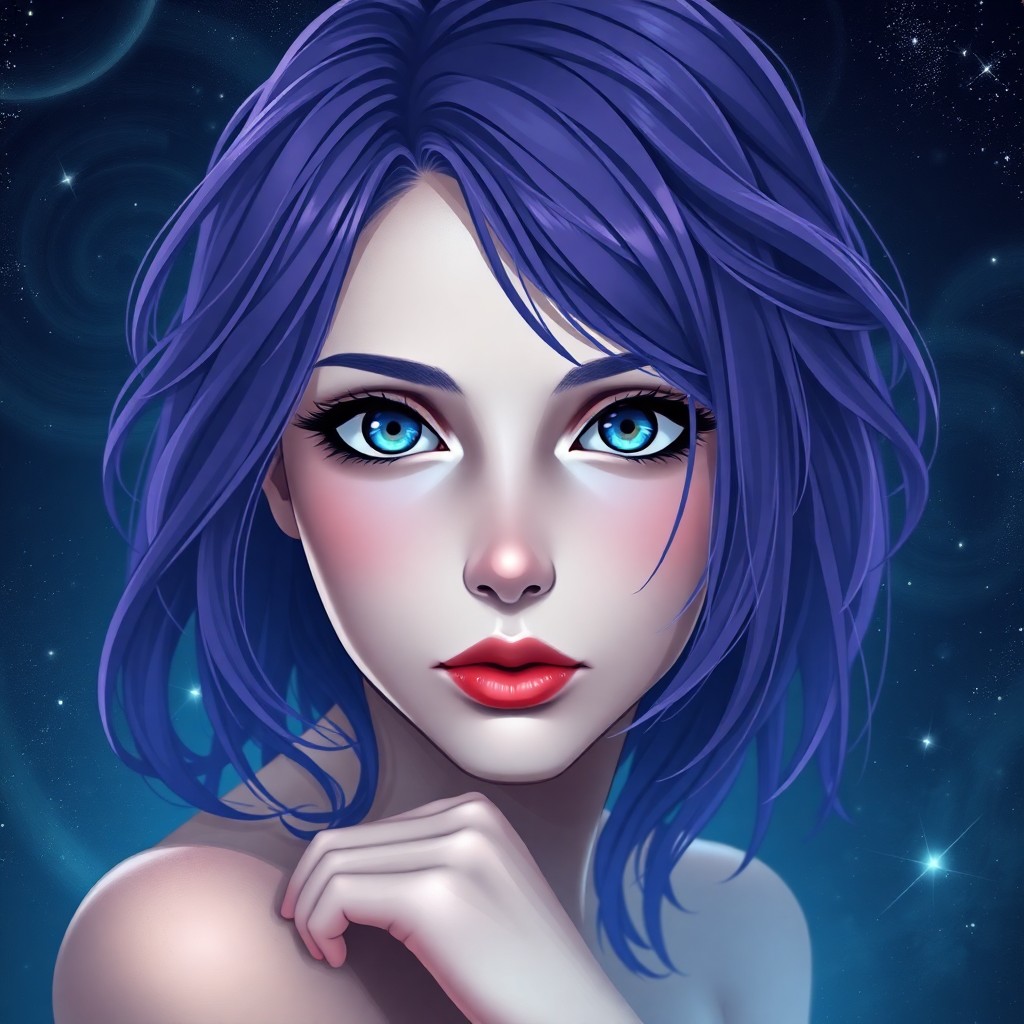 AI generated art for prompt: An enchanting digital art portrait captures a woman with striking purple hair reminiscent of anime a