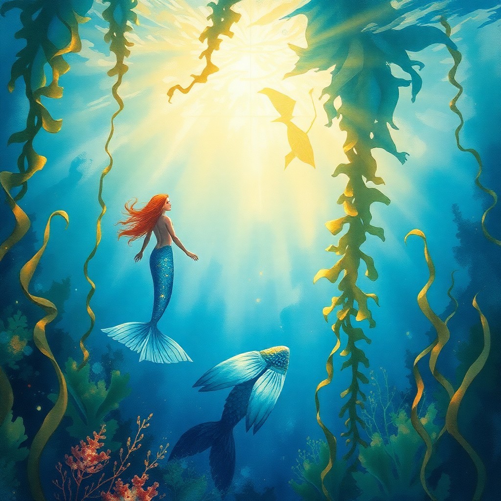 AI generated art for prompt: Imagine an enchanting underwater landscape, reminiscent of Winslow Homer's delicate watercolor techn