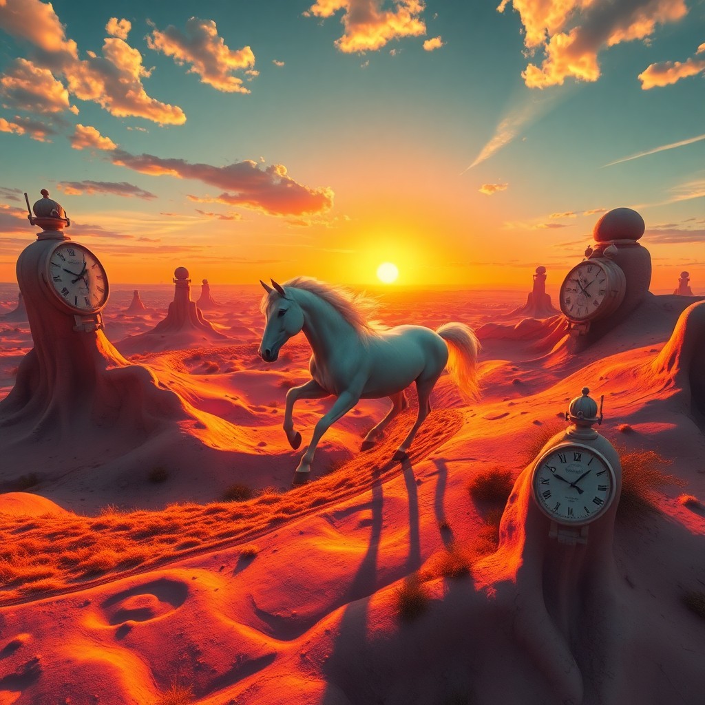 AI generated art for prompt: Picture a majestic unicorn galloping through an enchanting dreamscape characterized by distorted sha