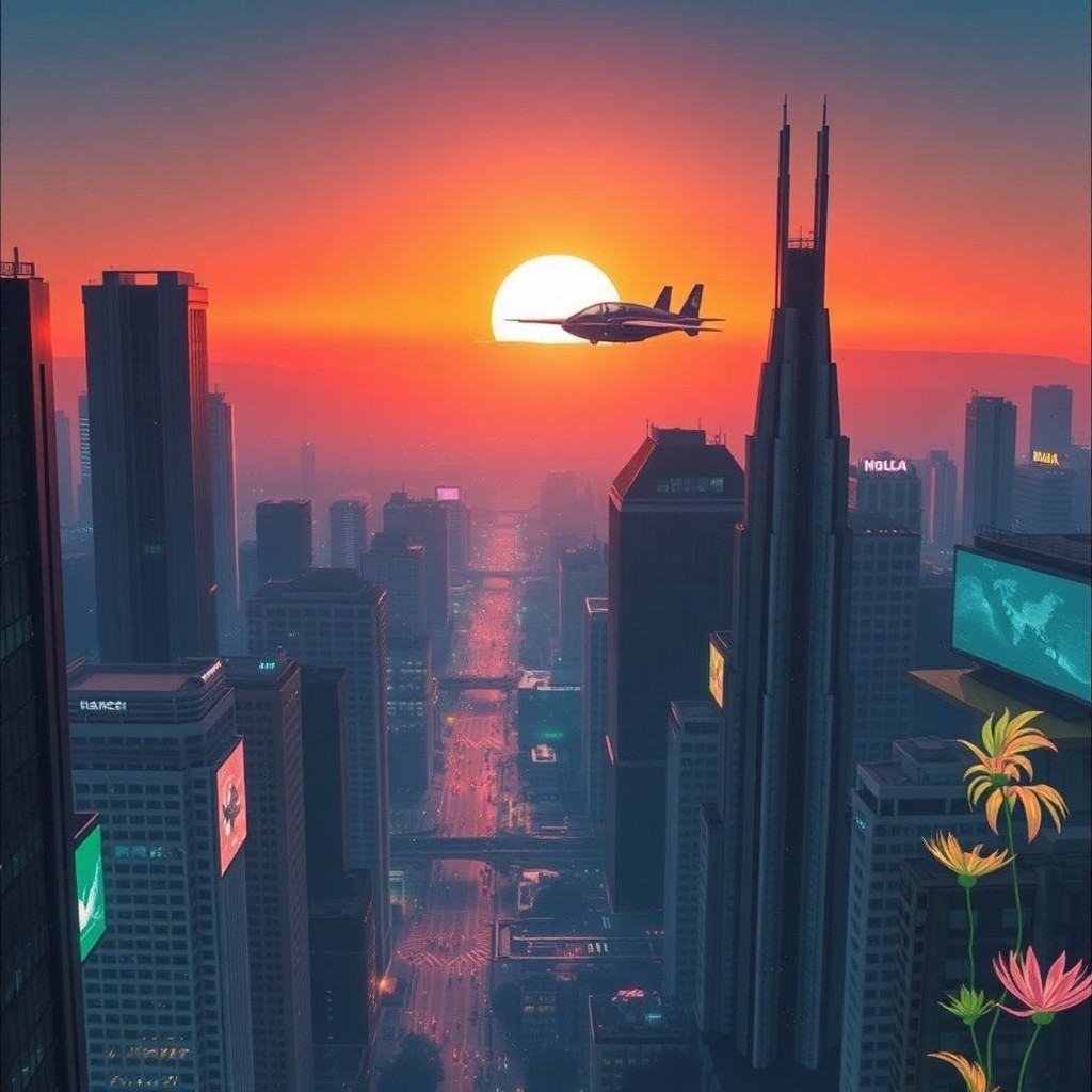 AI generated art for prompt: In the vibrant palette of a mid-century science fiction cover, envision an urban dawn with skyscrape