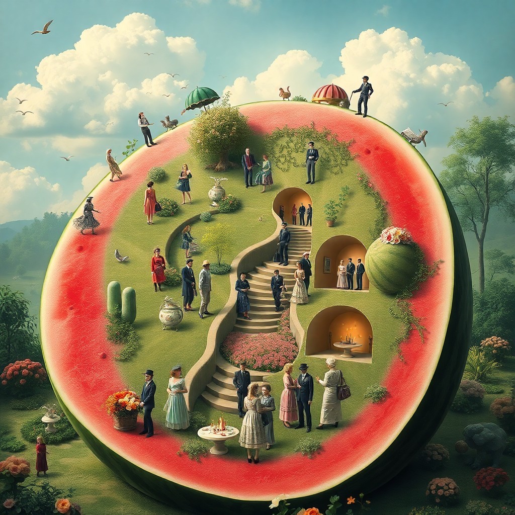 AI generated art for prompt: A whimsical dreamscape depicting a garden party unfolding on an oversized watermelon slice, with gue