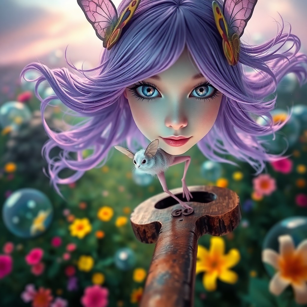 AI generated art for prompt: A surreal portrait depicting a whimsical young woman with flowing lavender hair as she gracefully ba