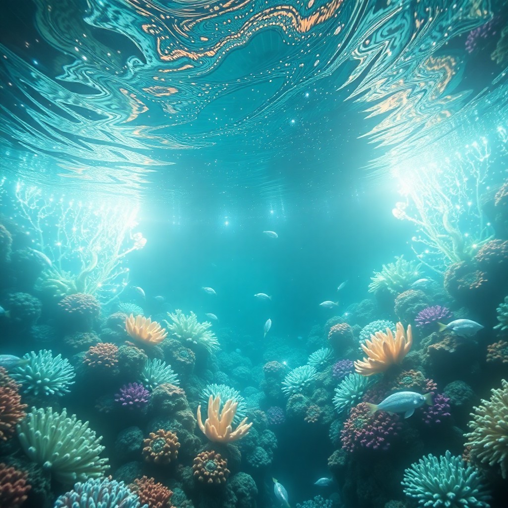 AI generated art for prompt: Imagine an enchanting underwater vista evocative of celestial landscapes, where graceful mermaids gl