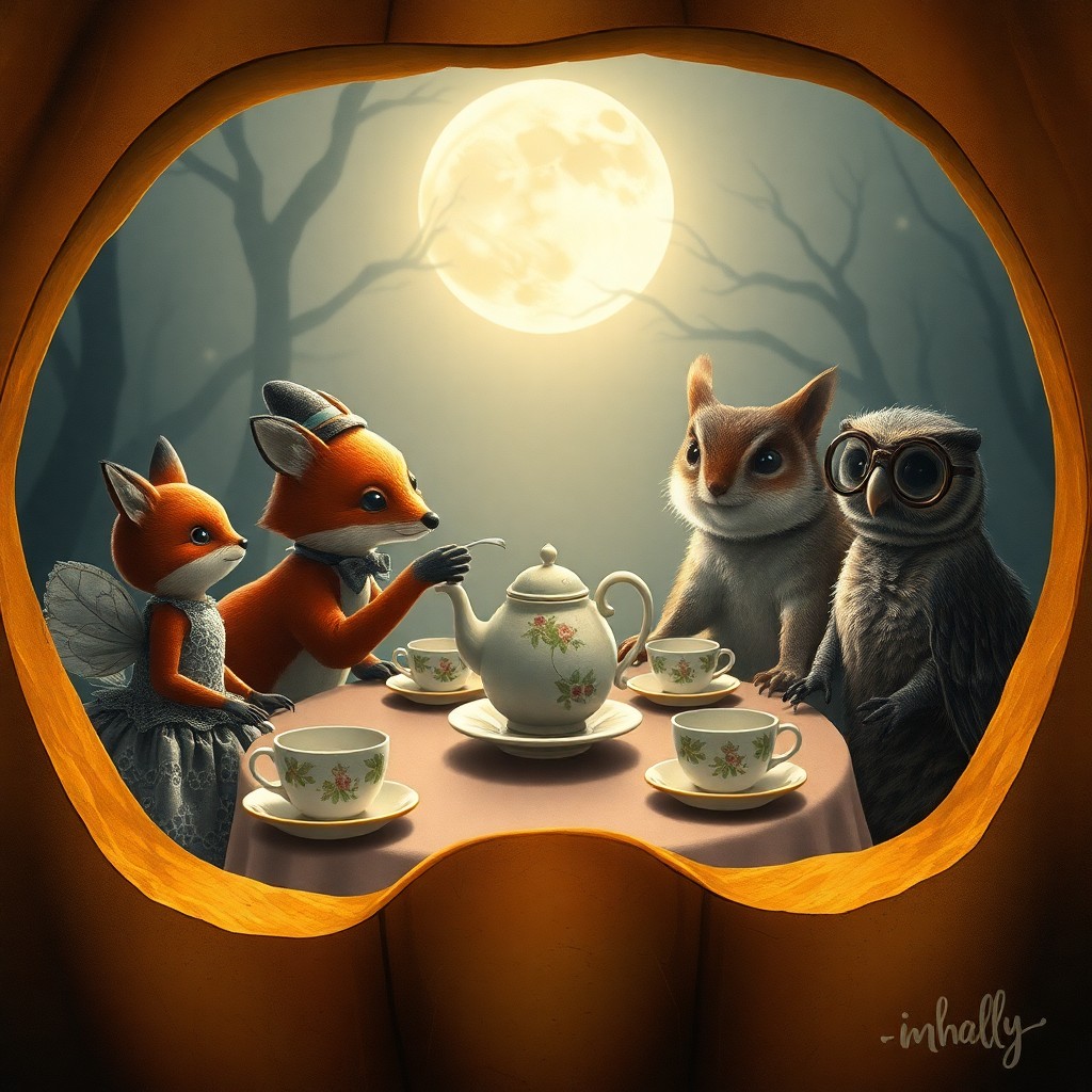 AI generated art for prompt: Craft an enchanting scene reminiscent of vintage children's book illustrations, showcasing a cozy te