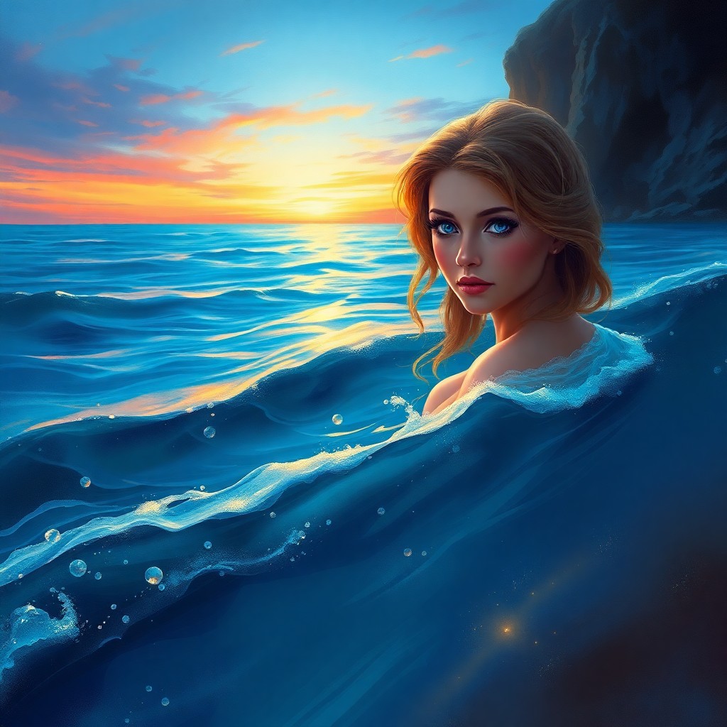 AI generated art for prompt: A captivating seascape at twilight, reminiscent of romantic realism, showcases a graceful sea nymph 