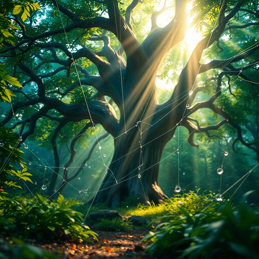 AI generated art for prompt: Imagine an enchanting woodland glade reminiscent of animated films, where an awe-inspiring, ancient 