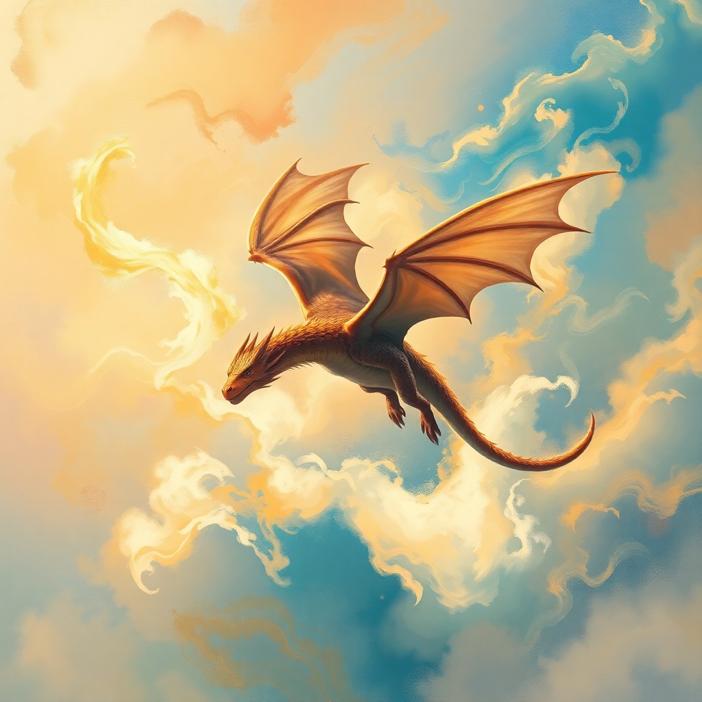 AI generated art for prompt: Envision a dragon in flight, its body gliding gracefully through an impressionistic sky filled with 