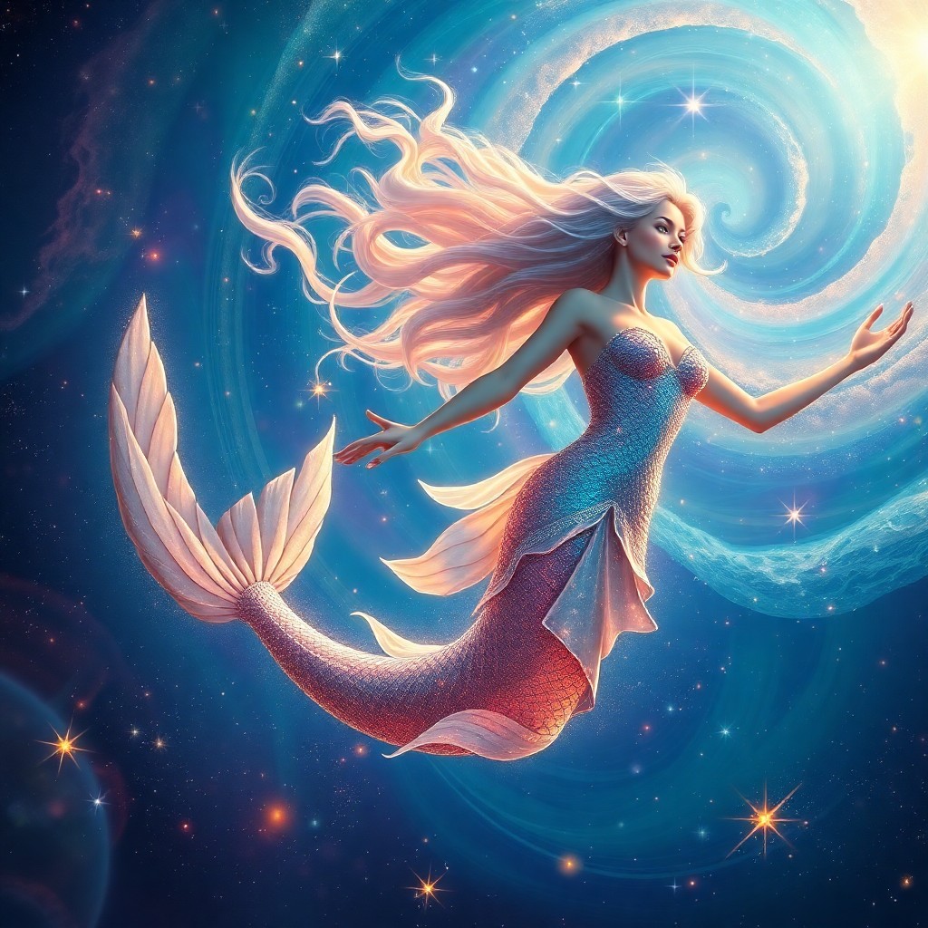 AI generated art for prompt: Imagine an awe-inspiring digital artwork depicting a celestial mermaid queen elegantly gliding throu