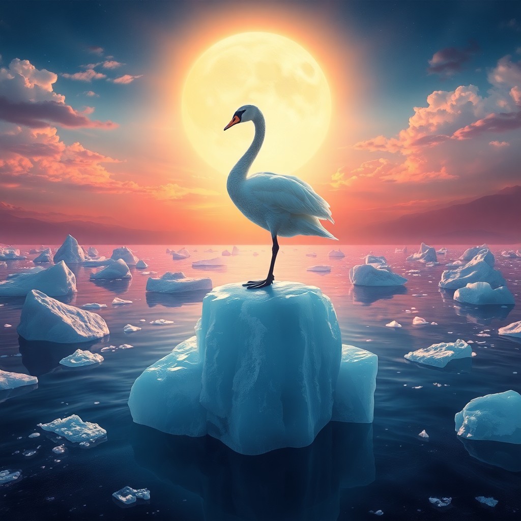 AI generated art for prompt: Visualize an enchanting dreamscape where a majestic swan stands poised on one leg atop a floating ar