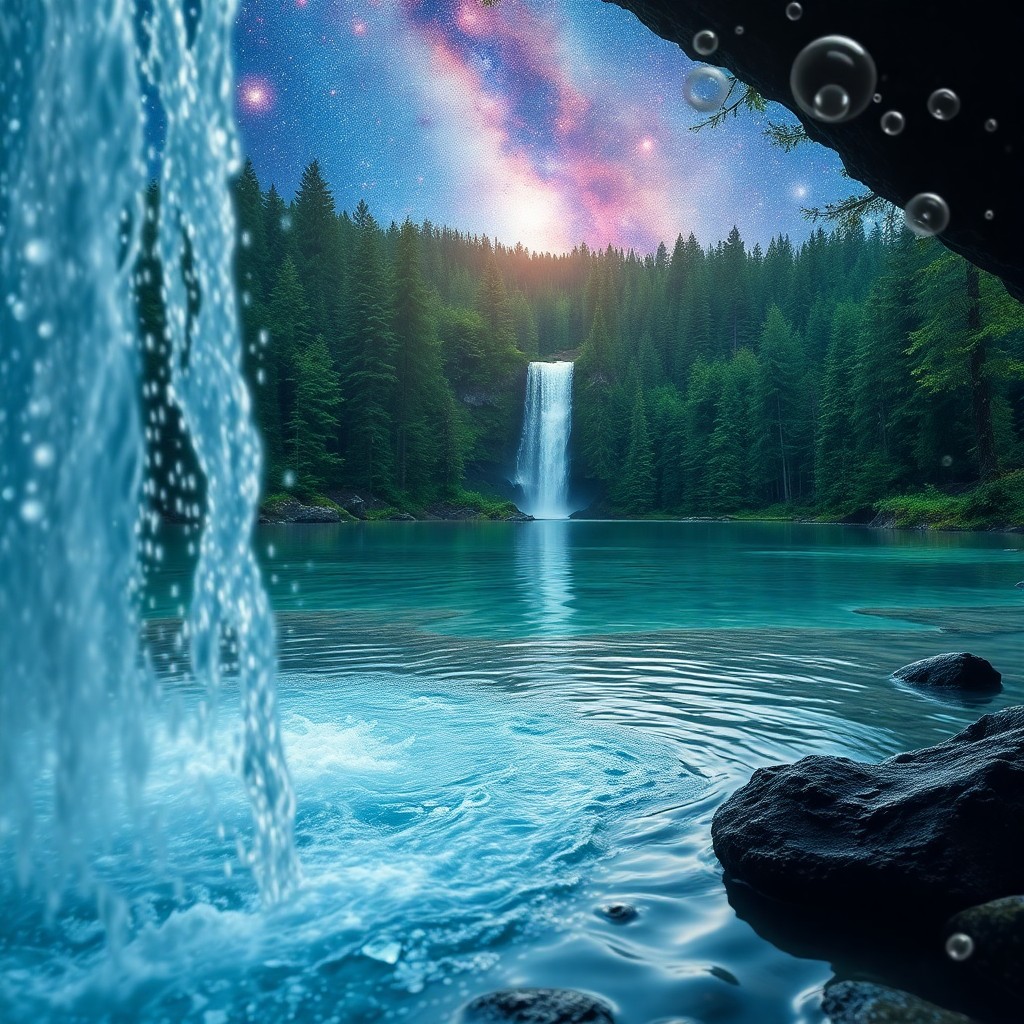 AI generated art for prompt: Craft an enchanting digital artwork portraying a serene waterfall emanating from a pristine lake sit