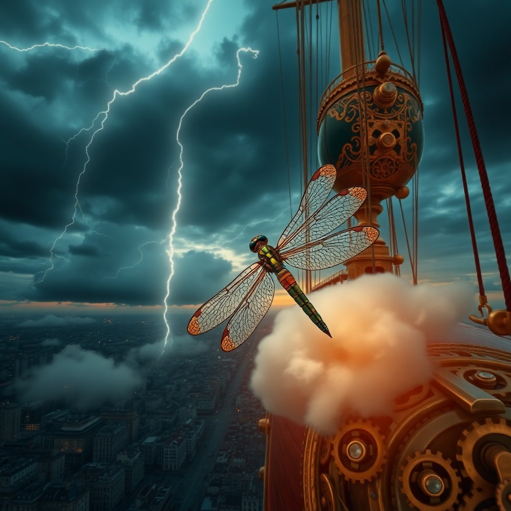 AI generated art for prompt: An airship adorned with brass and intricate mechanical designs navigates through a stormy sky above 