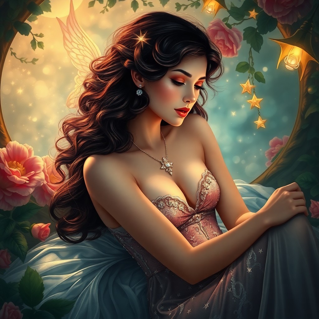 AI generated art for prompt: Craft an enchanting portrait of a celestial beauty lounging in a dreamy, ethereal garden, blending t