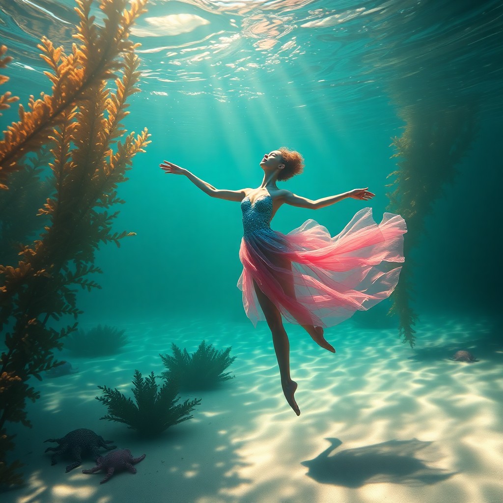 AI generated art for prompt: Imagine an underwater ballet, evoking the enchanting style reminiscent of Hermes Monet's iconic pain