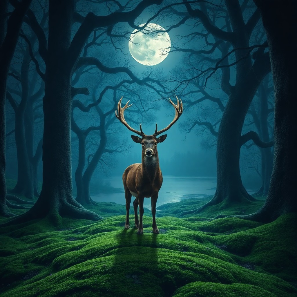 AI generated art for prompt: In the serene stillness of a moonlit forest, a regal deer stands boldly beneath the arching branches