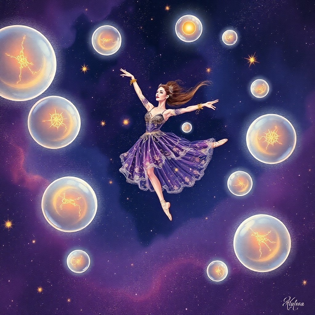 AI generated art for prompt: Create an image illustrating a celestial ballet dancer gracefully leaping between floating, transluc