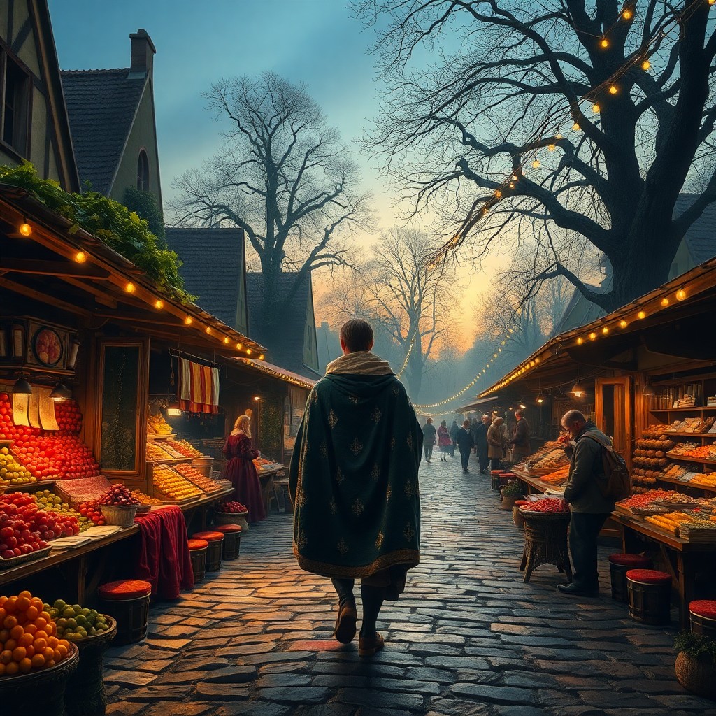 AI generated art for prompt: Visualize an energetic medieval marketplace, captured in the vivid manner of Flemish artistry with i