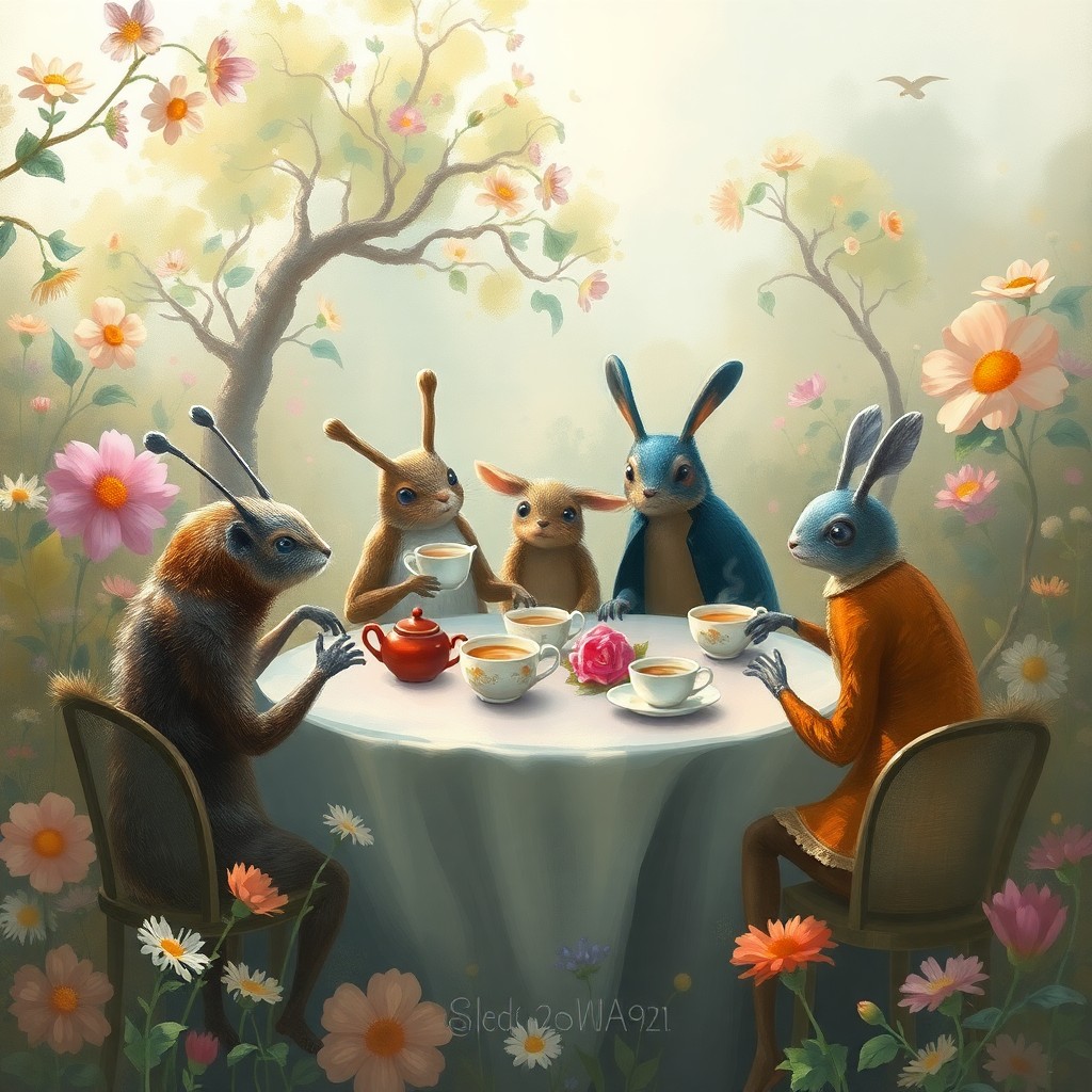 AI generated art for prompt: Craft an image in the impressionistic digital art style depicting a surreal tea party scene from a b