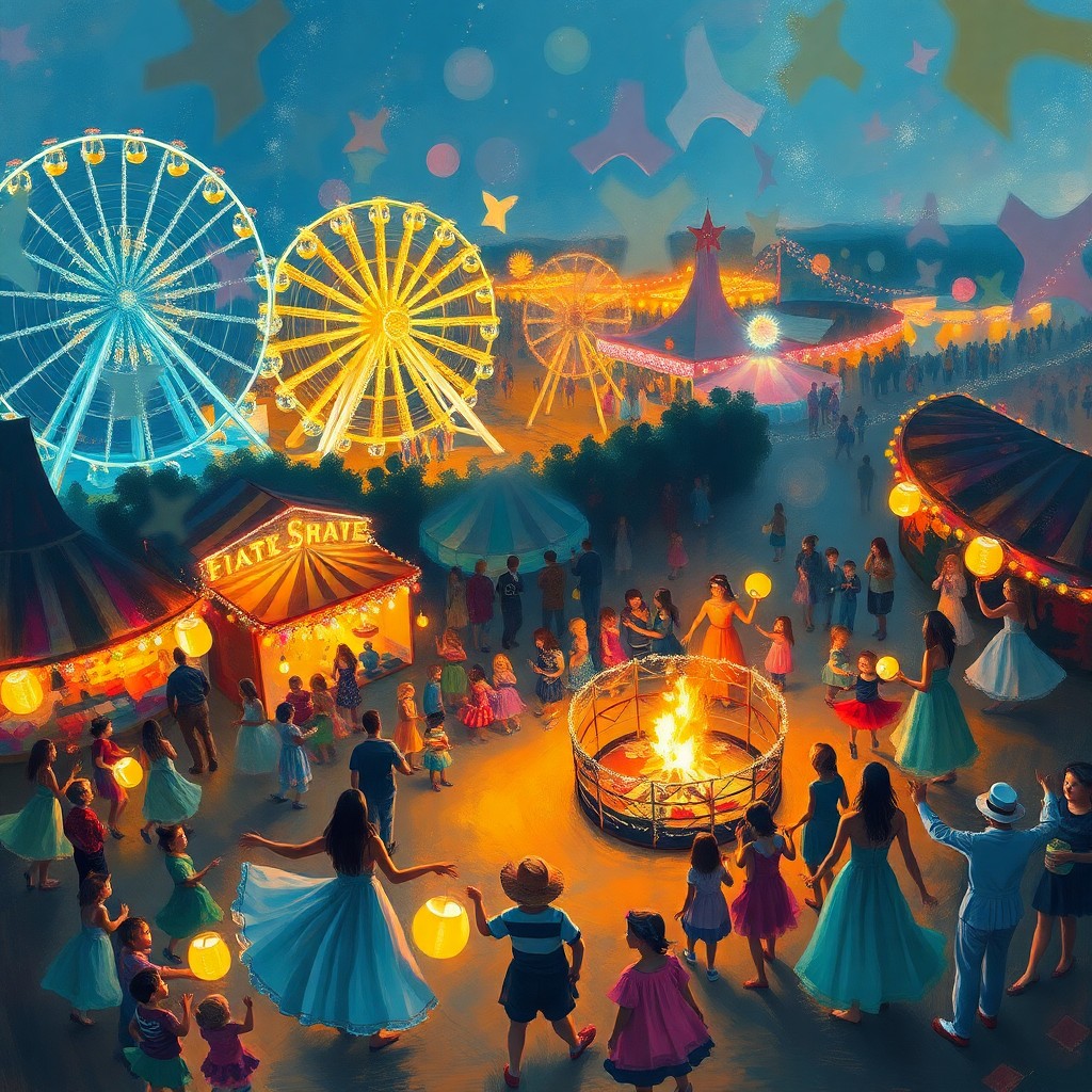 AI generated art for prompt: In the manner of an impressionist painting, create a lively carnival night scene from an aerial view