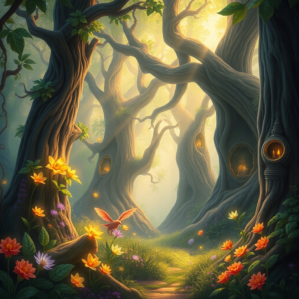 AI generated art for prompt: Imagine an enchanting digital art piece in the whimsical style of a mystical forest scene, viewed fr