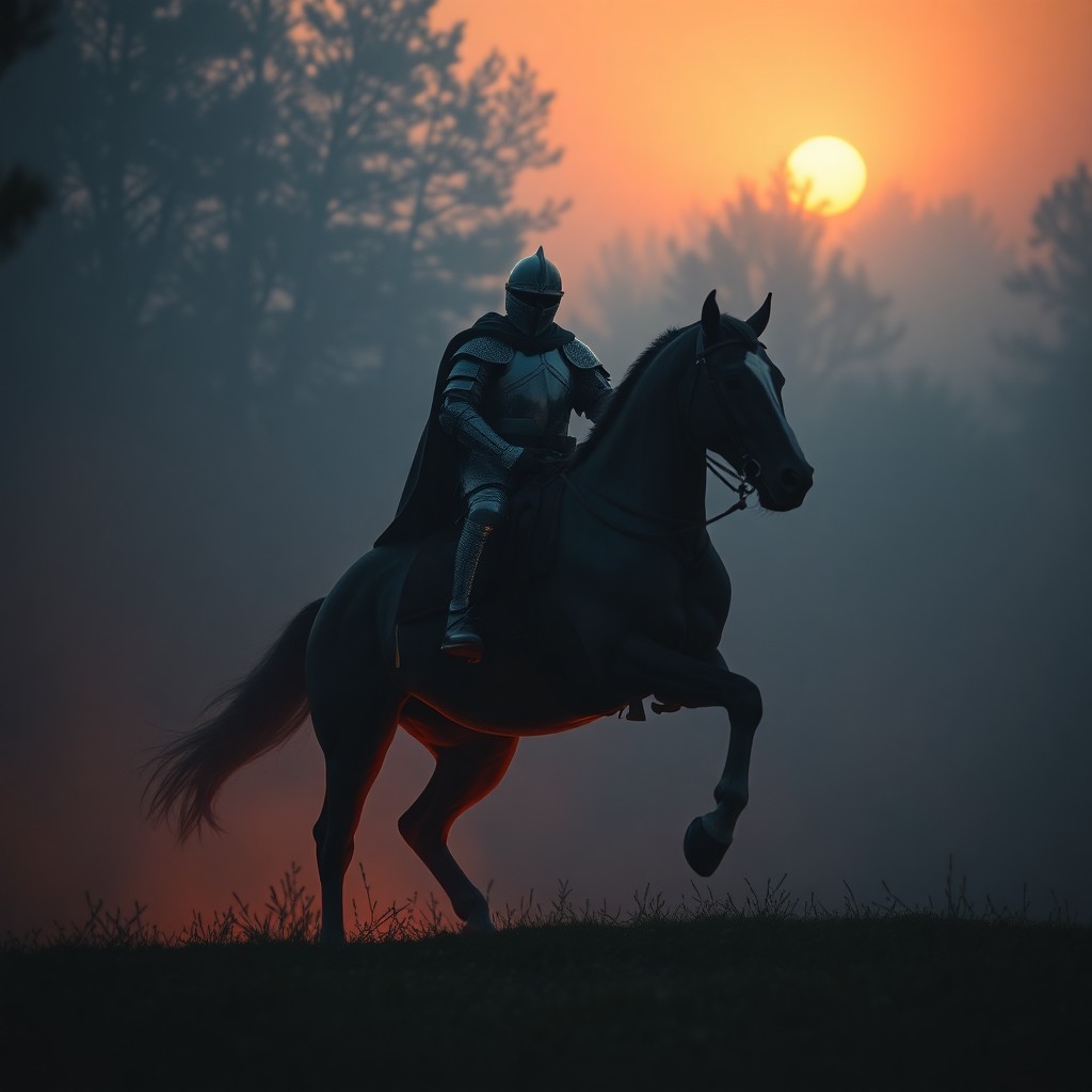 AI generated art for prompt: Craft an image reminiscent of Baroque masterpieces, capturing a knight on horseback as he fearlessly