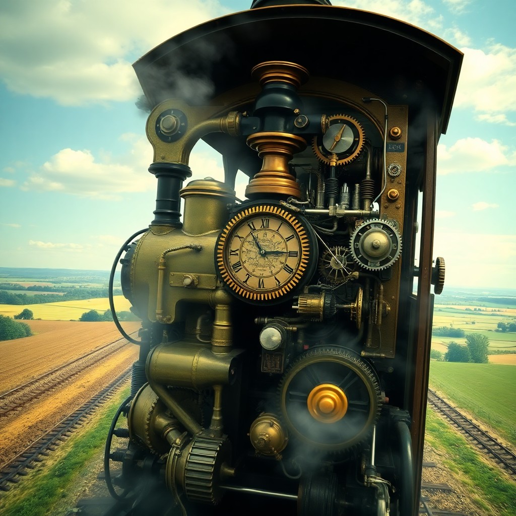 AI generated art for prompt: Imagine a surreal digital artwork featuring a vintage steam locomotive with ornate brass details tha