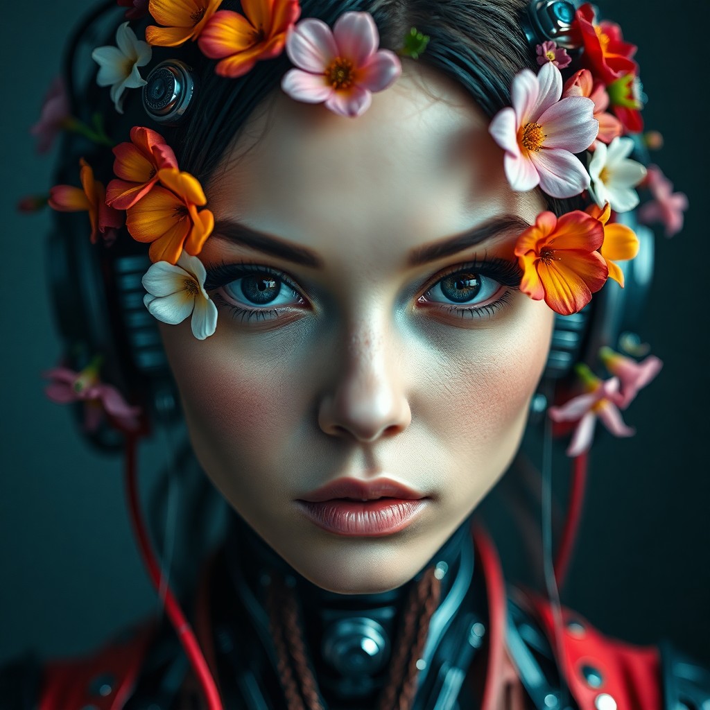 AI generated art for prompt: An enigmatic portrait captures an innovative blend of styles, featuring a futuristic cyborg woman wi