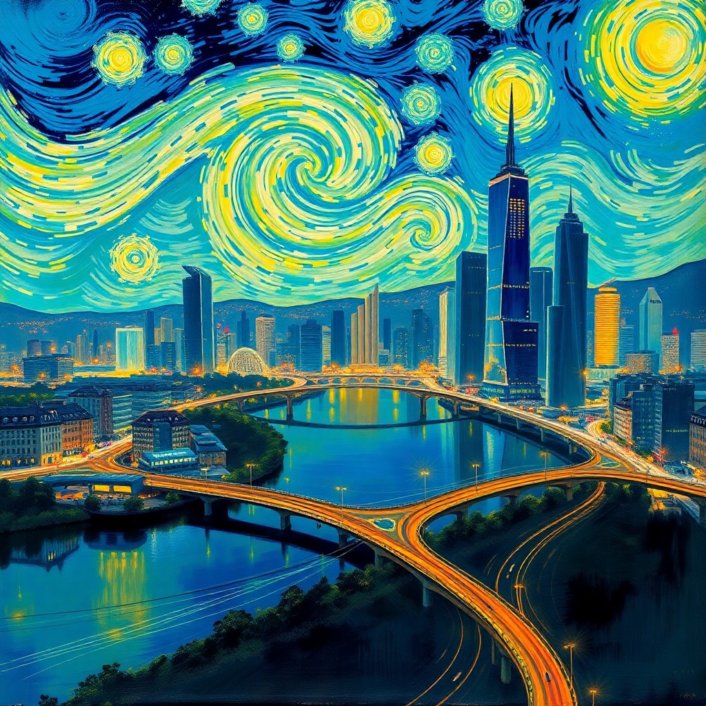 AI generated art for prompt: Craft an image that embodies the dynamic energy of Van Gogh's Starry Night, but instead of a quaint 