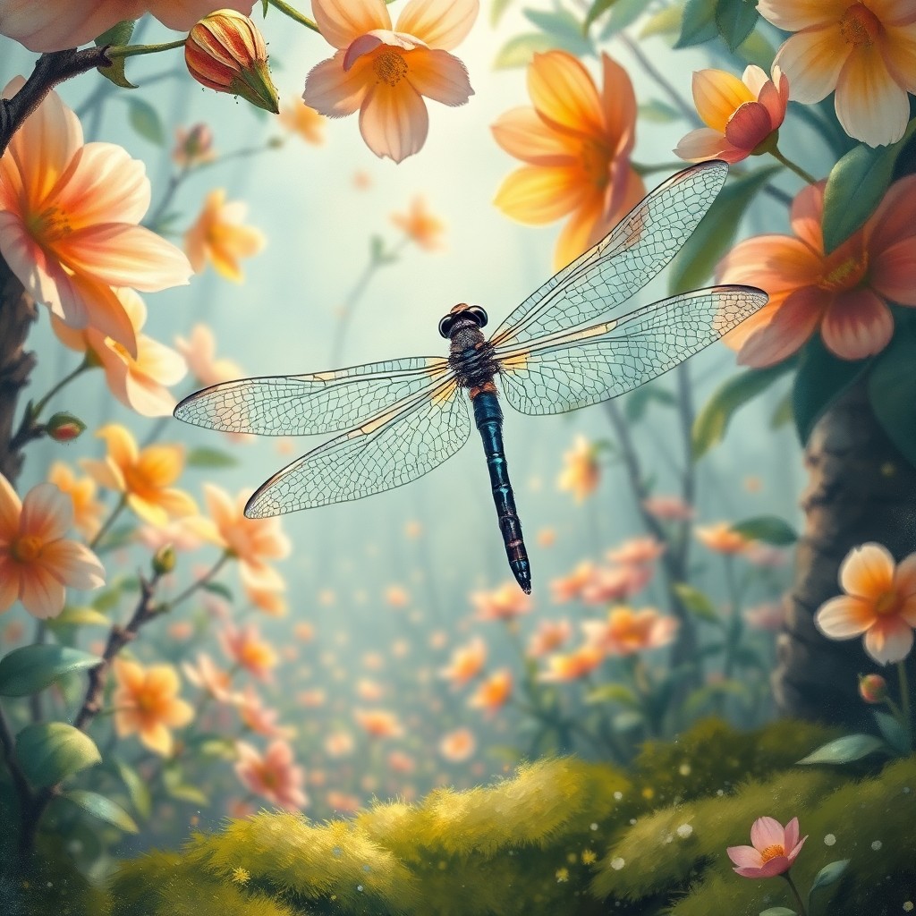 AI generated art for prompt: An ethereal dragonfly with intricately detailed, iridescent scales hovers above a surreal, dreamlike