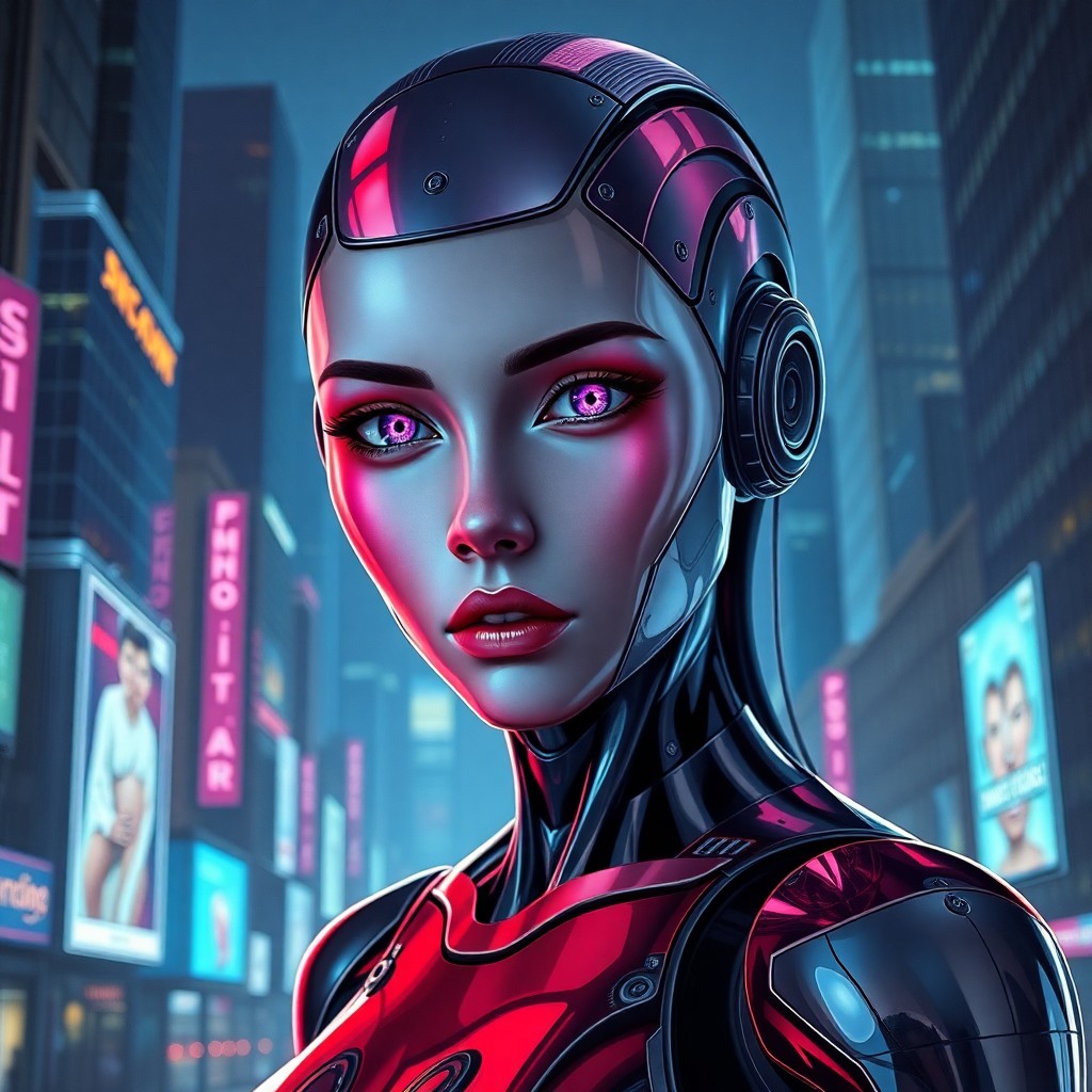 AI generated art for prompt: A mesmerizing digital art portrait of an alluring android woman with piercing violet eyes and porcel