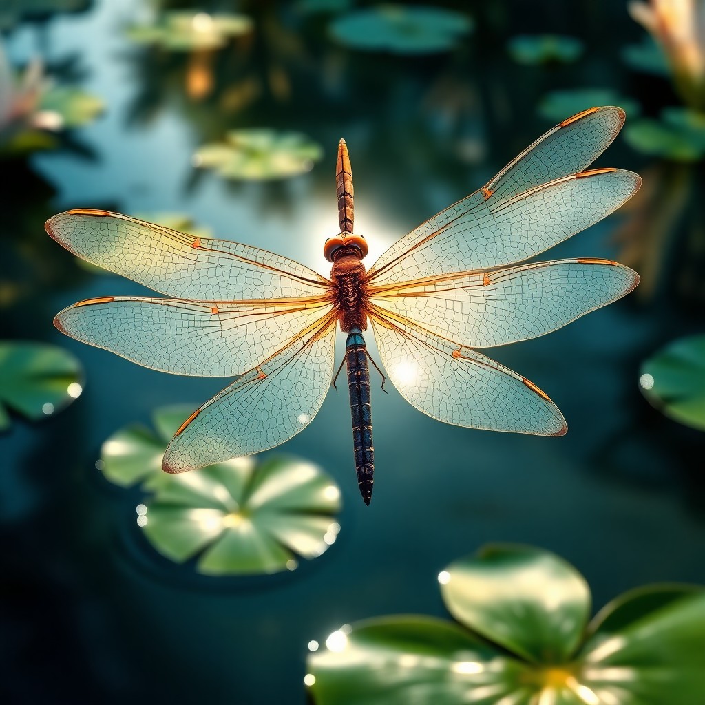 AI generated art for prompt: A majestic dragonfly rendered in high-definition digital art, viewed from an enchanting perspective 