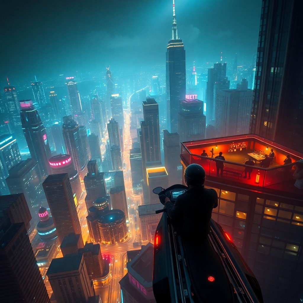 AI generated art for prompt: Imagine soaring through a nocturnal metropolis filled with towering skyscrapers bathed in vibrant ne