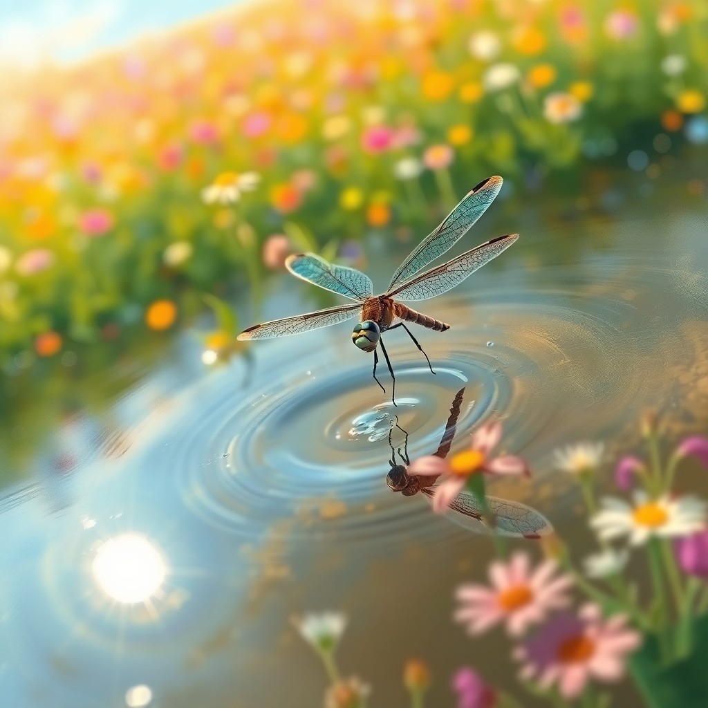 AI generated art for prompt: A serene dragonfly with iridescent wings emerges from a tranquil pond, its reflection shimmering on 